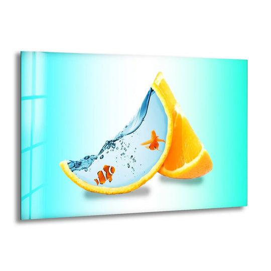 Animal glass wall art depicting fish at orange aquarium and animal painting with tempered glass for aquatic elegance