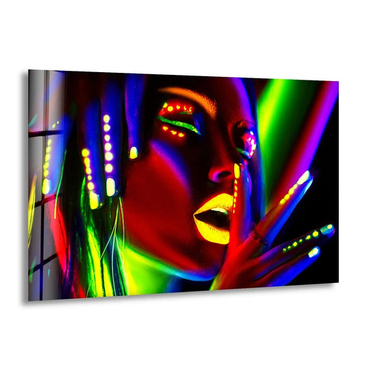 Cool art featuring a neon woman vivid colors and glossy glass plus woman wall art with vibrant urban decor