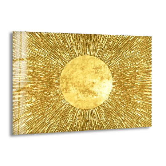 Abstract art from glass depicts a radiant golden sunburst with a textured, circular center emanating sharp, radiating lines.