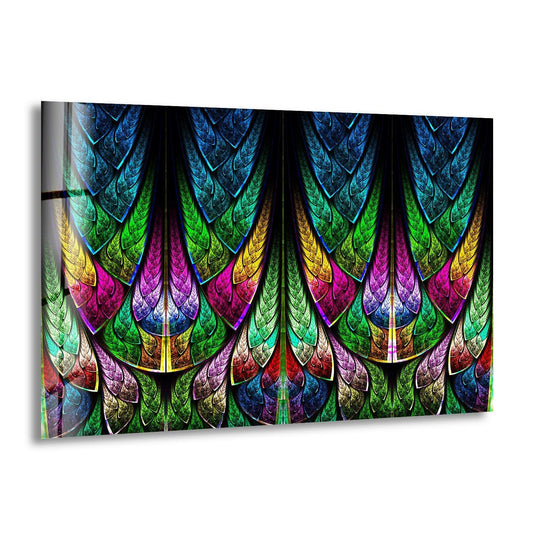 Abstract glass wall art decor with soft, feathered fractal patterns in a vibrant rainbow of colors.