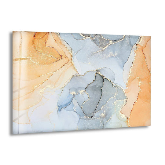 Darkest gray and navy swirls blend with soft pastels and gold in this captivating glass wall art decor.