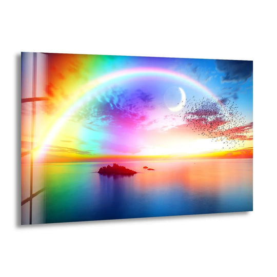 Featuring a celestial blend of pastel hues and a crescent moon, the background adds ethereal charm to this glass wall art, making it a stunning element of home decor.