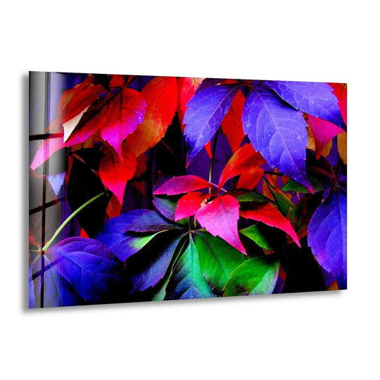 A horizontal orientation of colorful autumn leaves in striking abstract shapes adorns this vibrant glass wall art for home decoration.