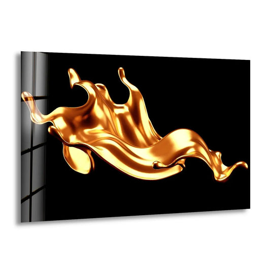 A bold golden wave flows across a stark black negative space on this hanging wall art.