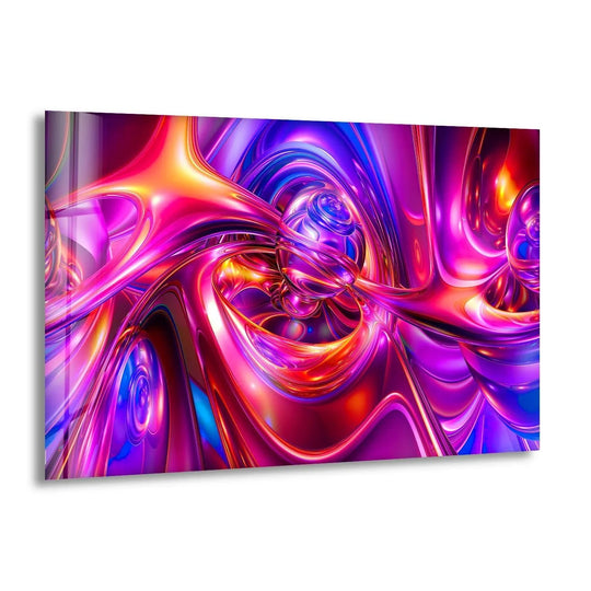 Captivating glass printing of swirling, vibrant purples and oranges evoking a futuristic and energetic mood.