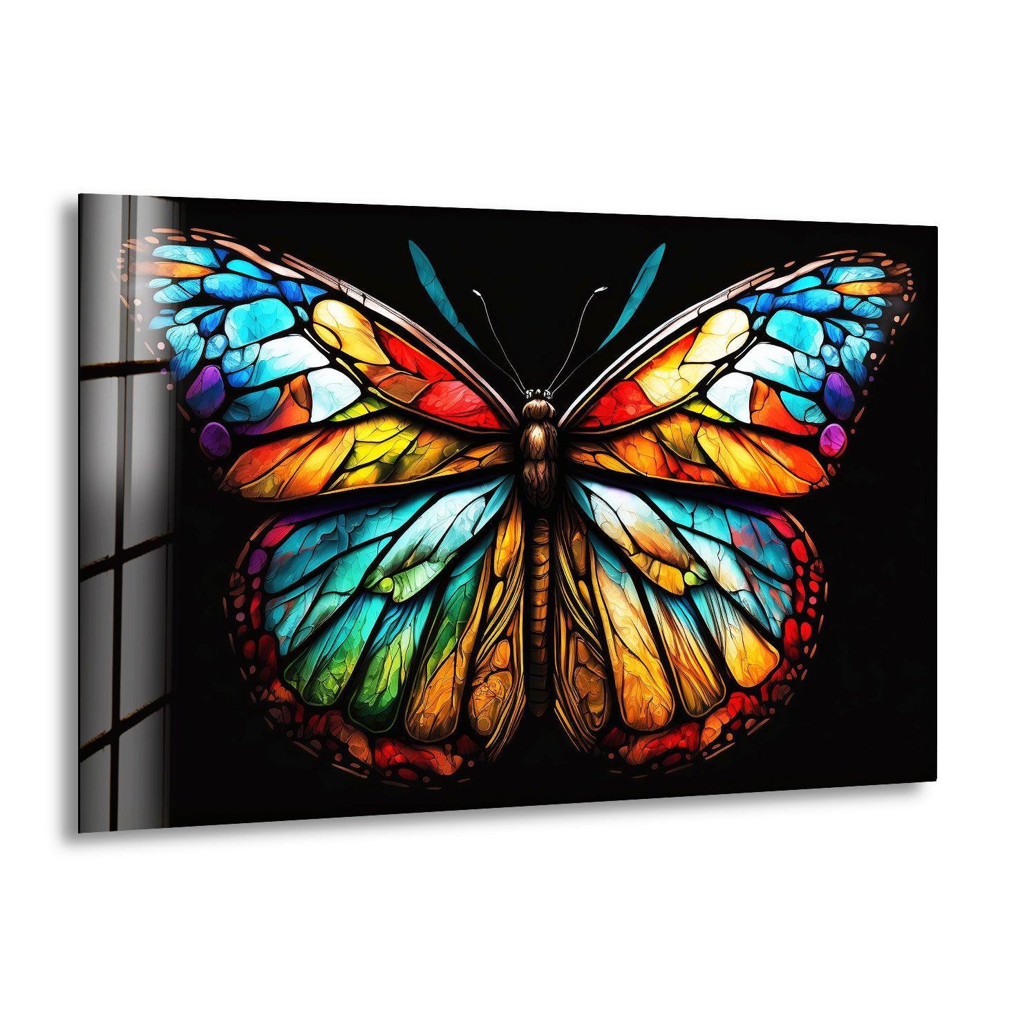 A vividly colored butterfly glass wall art prints with intense color saturation and stained-glass-like patterns.