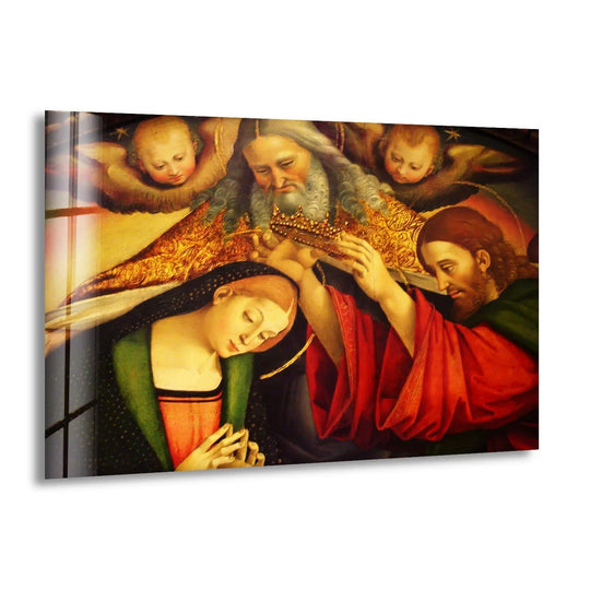 Religion glass wall art showing coronation and virgin mary motif and divine elegance plus christian wall art