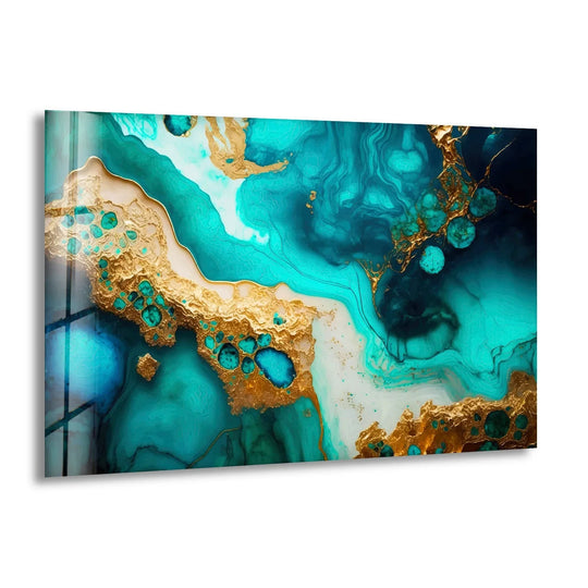 Vivid cyan and mint alcohol ink print wall art showcases intense color saturation with luxurious gold accents.