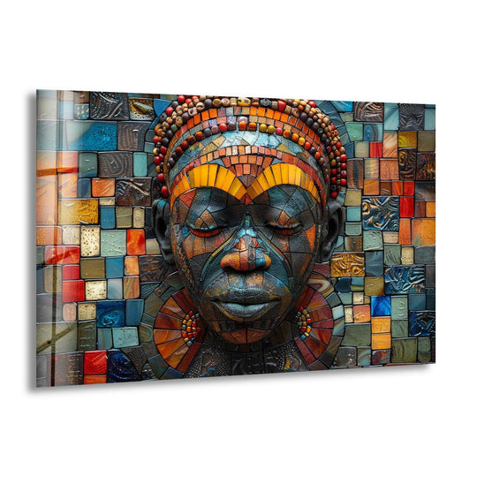 A vibrant and richly saturated decorative wall art mosaic depicts an African face with intense blues, oranges, and reds.