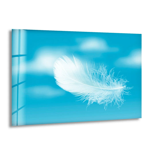 A soft white feather drifts across a tranquil azure sky, embodying abstract decorative wall art.