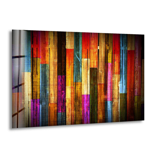 Shadows dance across vibrant, colorful wood panels in this striking abstract glass wall art print.