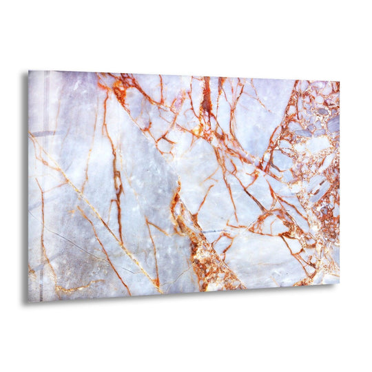 A detailed abstract glass wall art piece showcases rose gold veins layered within a subtle marble texture, evoking depth and elegance in home decor.