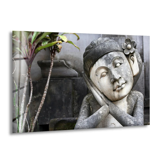 Cool art glass wall art Hindu statue motif and tranquil zen decor for serene home spaces