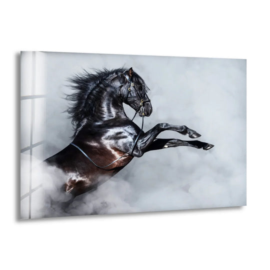 Animal glass wall art black rearing horse with imposing horse art and majestic wall decor
