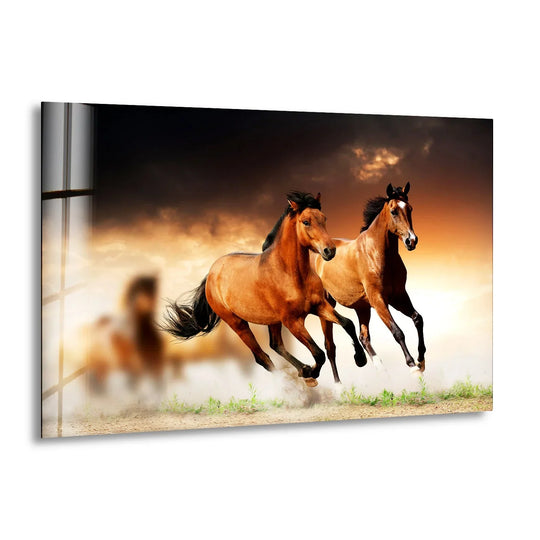 Animal glass wall art wild horses running and freedom spirit plus energetic elegance artwork