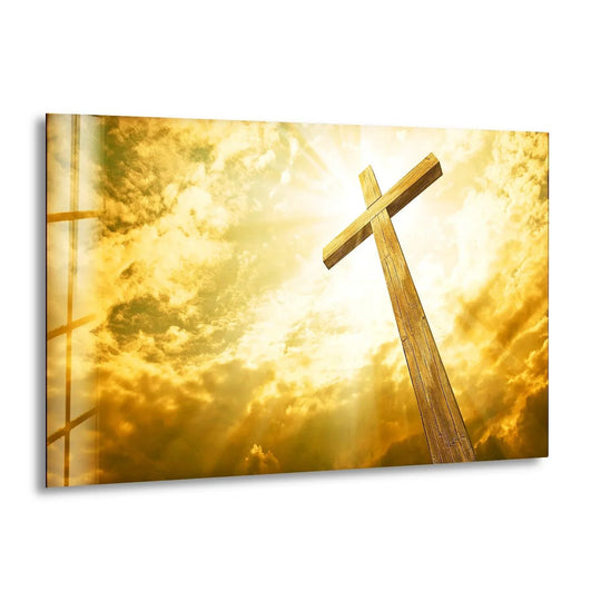 Religion glass wall art yellow Christian Jesus Cross and tempered glass celebrates faith and christian wall decor