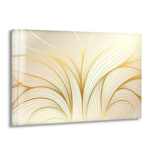 Abstract glass printing features soft, flowing golden waves that appear to gently sway.