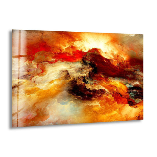 Detailed abstract glass art captures fiery red and orange hues with realistic cloudy textures.