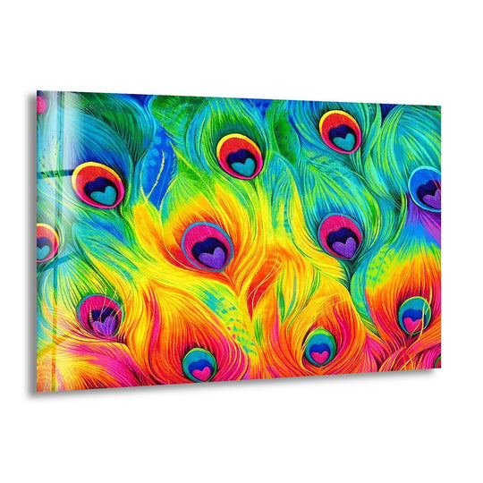 Deep blues and purples form the darkest shadows within this vibrant wall art prints of peacock feathers.