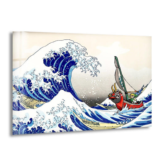Wave Kanagawa glass wall art displays a dramatic blue wave and a small boat evoking Japanese woodblock prints and famous paintings for coastal decor