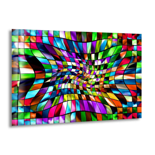 A dazzling glass art painting with a smooth, glossy surface displaying a distorted grid of vibrant, fluid colors.
