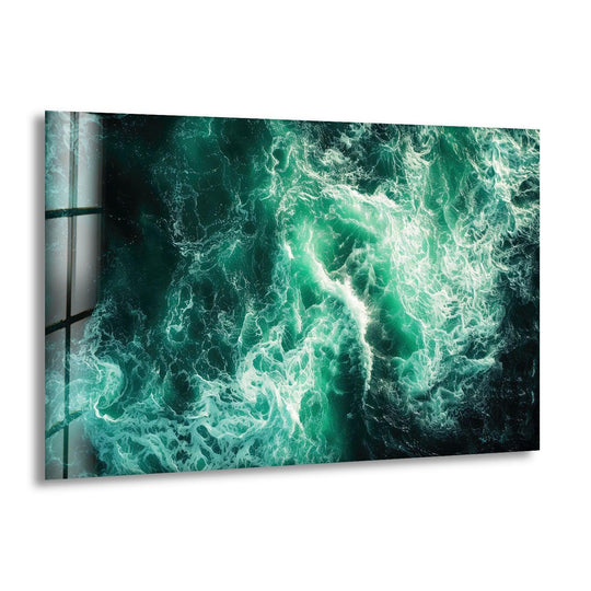 Horizontal rectangular decorative wall art features an aerial view of swirling green sea waves, showcasing its unique shape and design.