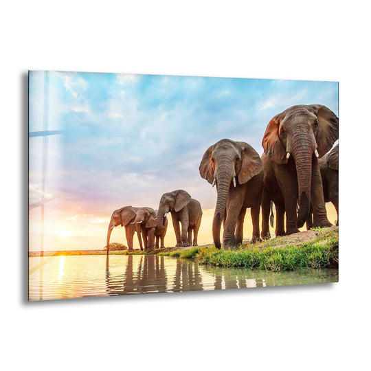 Safari Elephant Group glass wall art shows elephants at a watering hole with a sunset sky and it is vivid elephant wall decor and perfect animal wall art for nature inspired decor