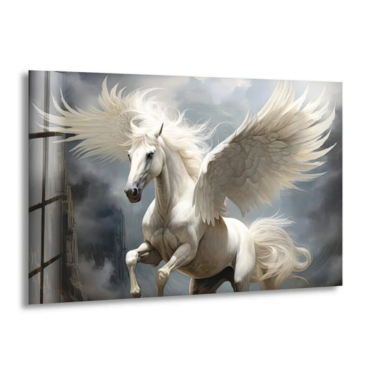 Animal white wing horse glass wall art features a winged horse motif and mythical decor piece and horse wall art