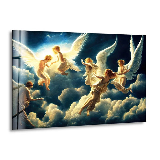 Showcasing the layering effect, the glass printing of heaven and angels glass wall art creates depth as radiant angels soar among the fluffy clouds in the heavenly artwork.