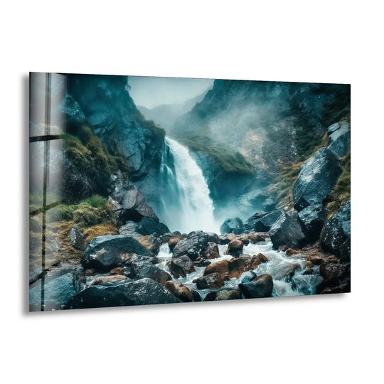 Stunning nature wall art featuring a majestic waterfall in the mist, printed on high-quality glass.
