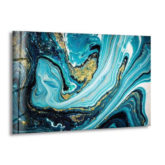 Abstract glass wall art prints showcase swirling geometric patterns of sapphire, deep navy, and white, accented by shimmering gold ink.