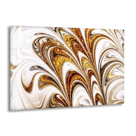 Golden glitter abstract glass wall art decor features swirling geometric patterns.
