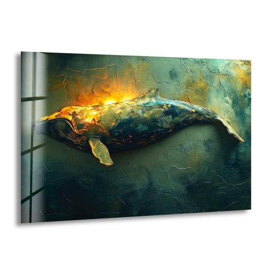 A vibrant gold whale bursts with intense contrast against dark, moody green home decor glass wall art.