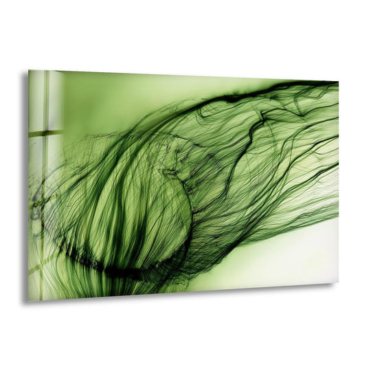 Detailed abstract green print wall art showcases flowing organic lines and textures with a hint of reflected light.