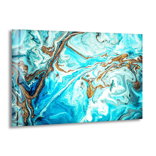Abstract swirls of sapphire and turquoise are accented with streaks of shimmering gold, creating a luxurious home decor piece.