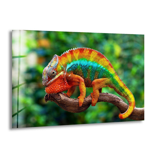A chameleon with dark, textured skin rests on a branch, part of bold nature decorative wall art.