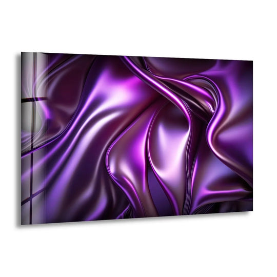 Glass wall art with layered folds of iridescent amethyst fabric creating depth and shimmer.