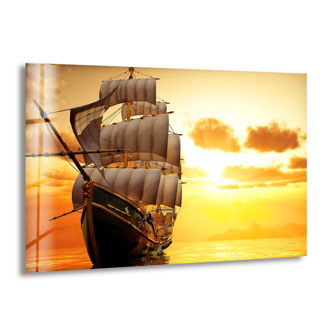 A majestic sailing ship glides over golden waters at sunset, captured in stunning glass wall art.
