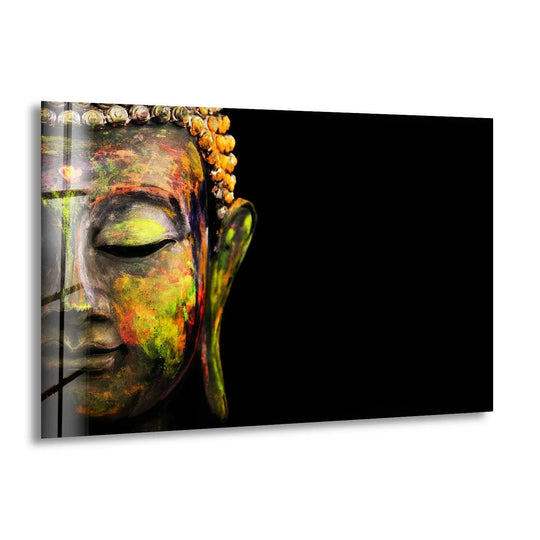 Religion glass wall art buddha face motif in vivid colors and spiritual glass artwork plus home wall decor