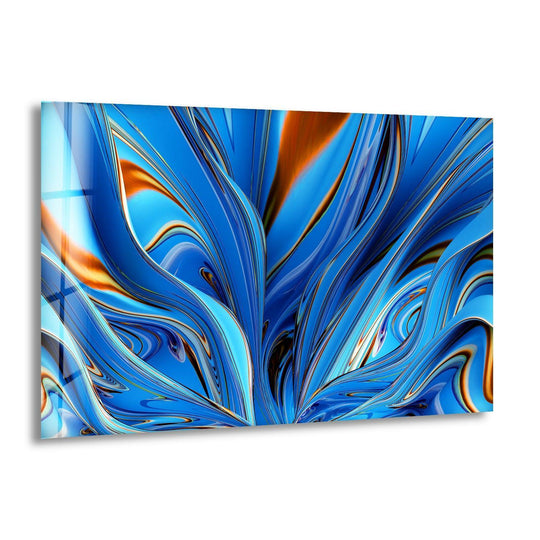 Abstract glass wall art with dynamic layers of sapphire and amber creating a sense of deep dimension.