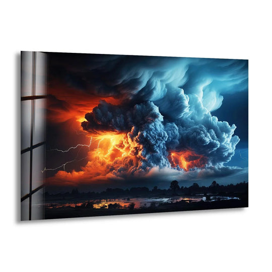 Inferno Storm Glass Wall Art: A Fiery Clash of Clouds & Lightning - MyPhotoStation