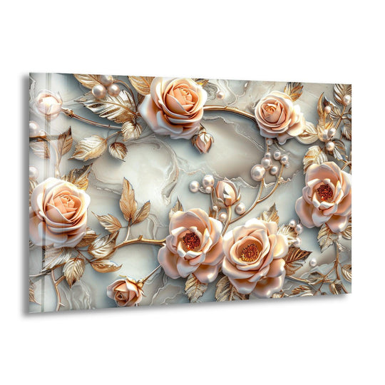 Subtle light and shadow enhance the pearl floral design on this glass wall art, creating elegant wall prints with a visually appealing depth.
