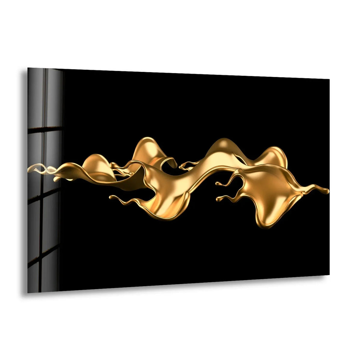 A dynamic golden abstract wave splashes across a black background, perfect for glass wall art decor.