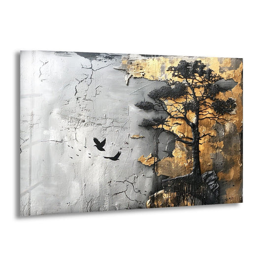 Black tree golden abstract glass wall art features a distressed finish with metallic gold and textured grey panels.