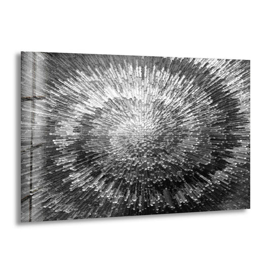 A close-up view reveals the textured surface of this round silver abstract glass wall artwork with a radial explosion of sharp, pixelated protrusions.