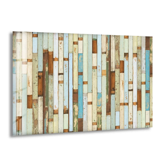 Abstract glass art featuring a vibrant, weathered plank wall in shades of muted blues, greens, and cream.