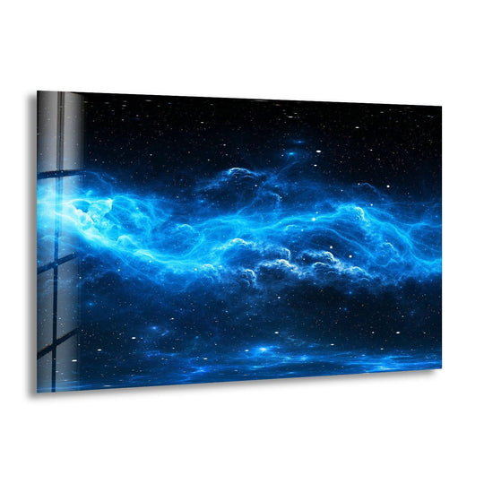 Vibrant sapphire and electric blue hues explode in this cosmic nebula glass wall art decor.