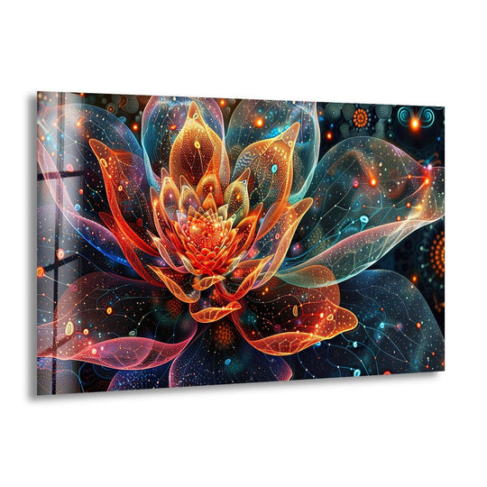 Close-up view of a luminous fractal flower on tempered glass wall art.