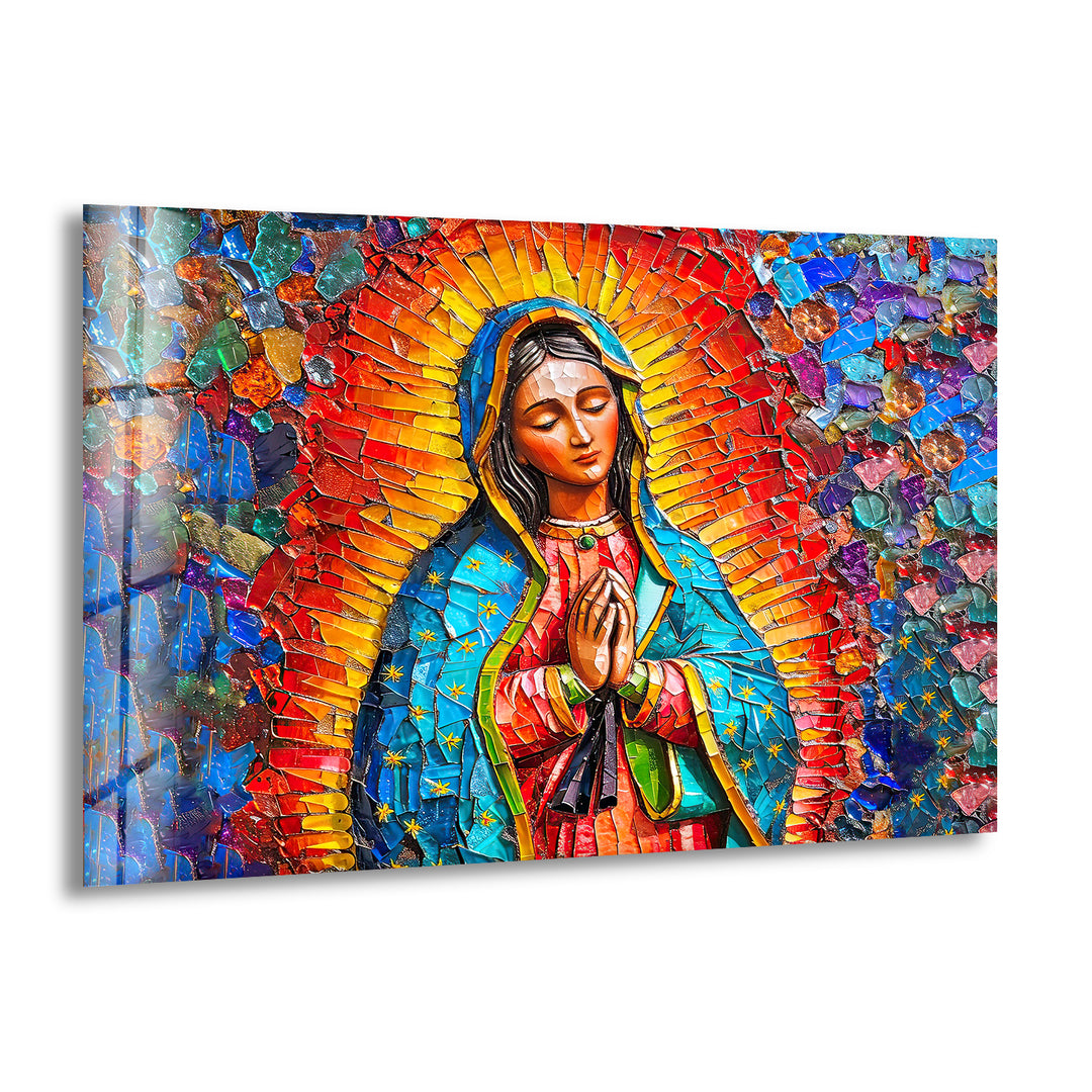 Horizontal rectangular glass wall art decor features a vibrant sacred radiance mosaic of the Virgin Mary in prayer.