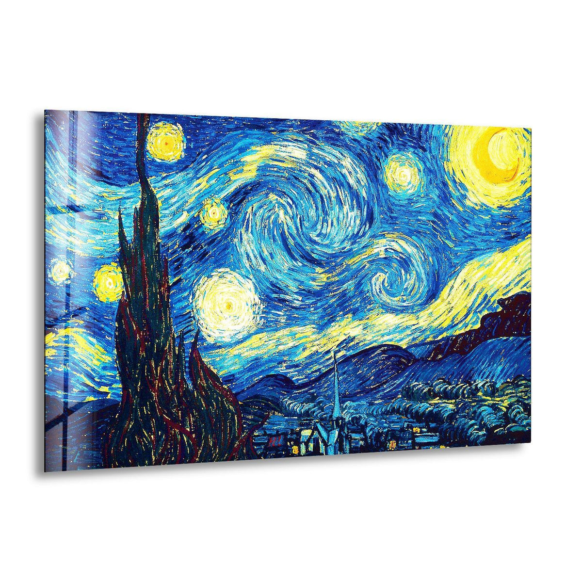 Vibrant blues and yellows create a cool and warm color temperature in this glass art painting of Starry Night.